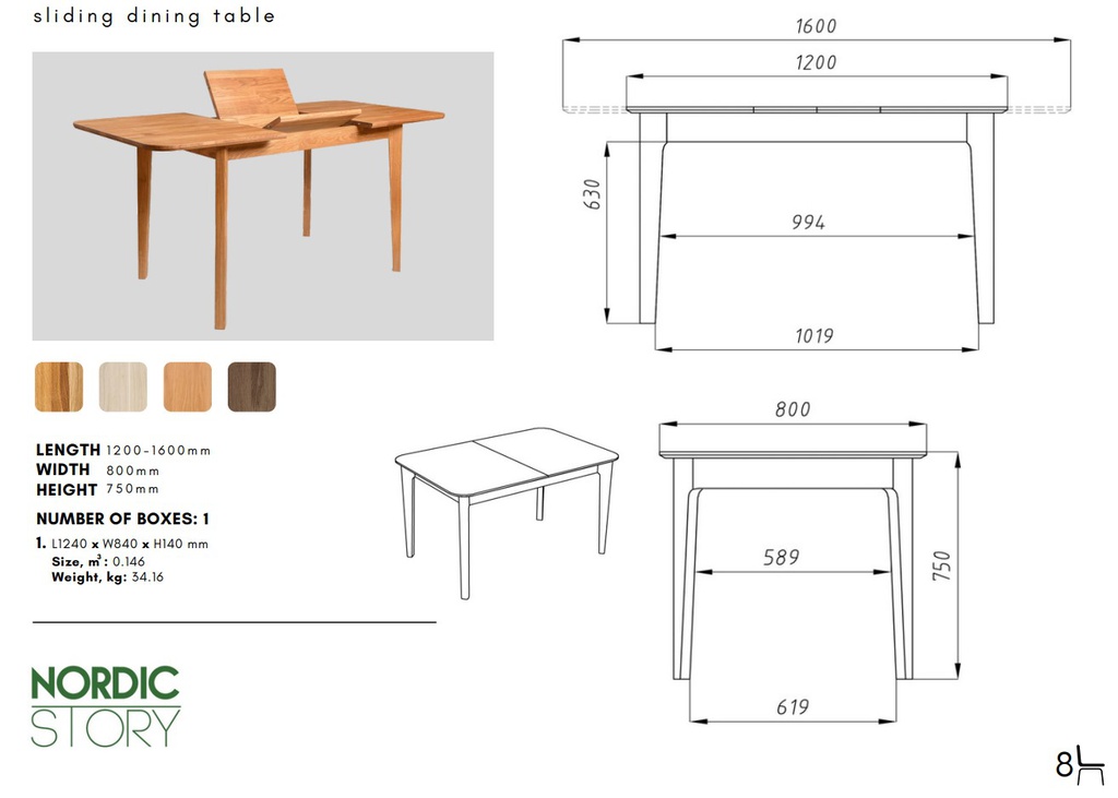 NordicStory Mesa extensible de comedor de madera maciza de roble &quot;France&quot; 120-160 x 80 x 75 cm.