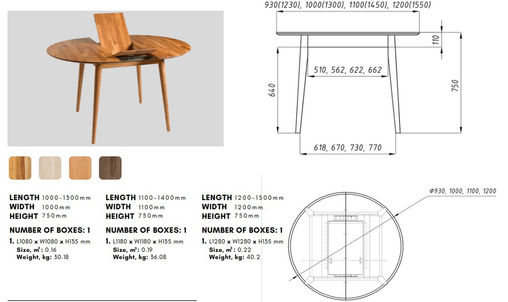 NordicStory Mesa de comedor redonda y extensible de madera maciza de roble &quot;Escandi 5&quot; 110-145 x 110 x 75 cm.